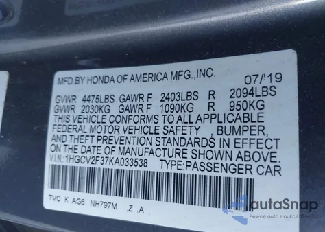 2019 Honda Accord Sport 2.0T from USA, damaged, VIN 1HGCV2F37KA033538